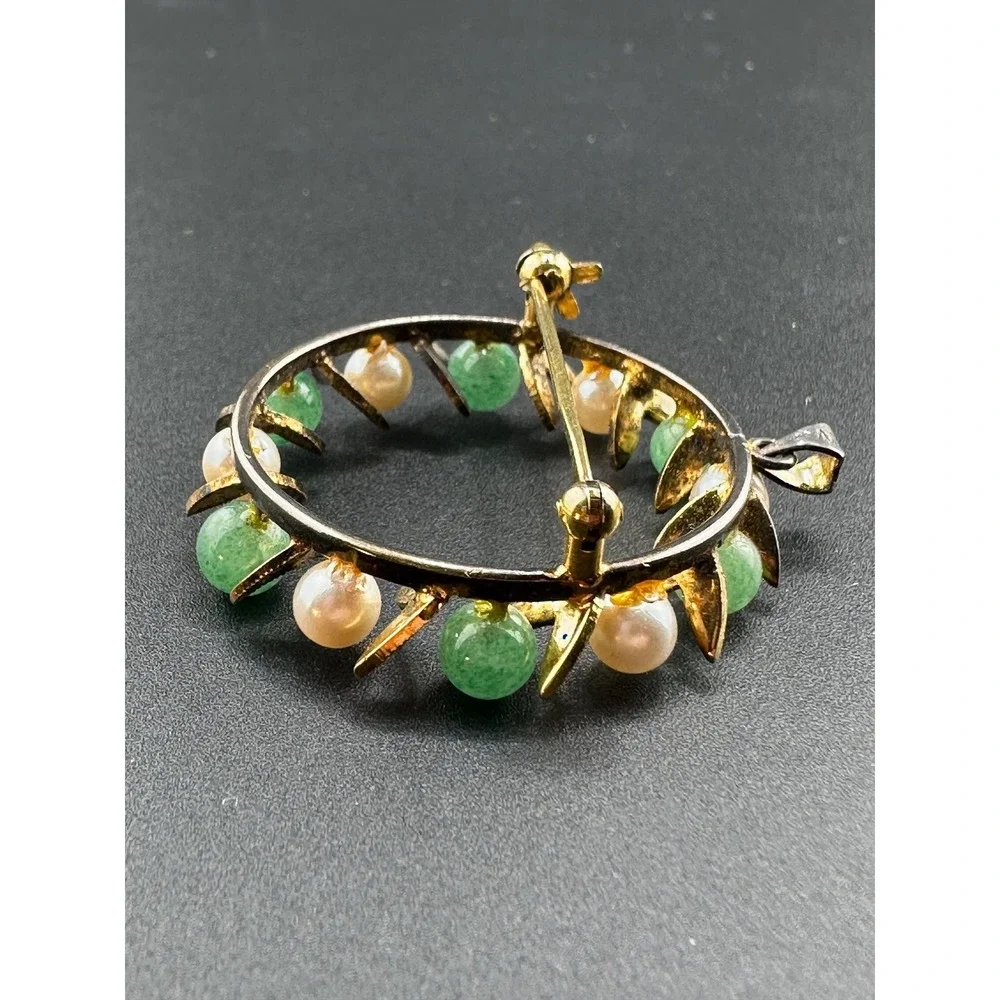 VTG 1940s 1950s Sterling Silver Jade Pearl Wreath Brooch Pendant
